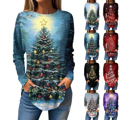 Dámske voľné okrúhly výstrih Vianočne potlačené dlhý rukáv tričko topy pulóver