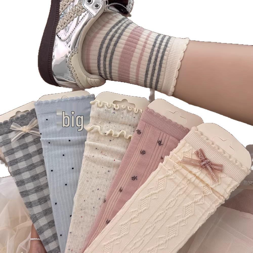 Bowknot Women's Grey-Blue Ballet Style Mid-Calf Socks, Autumn/Winter, Thin Seamless Cotton, Korean Style.