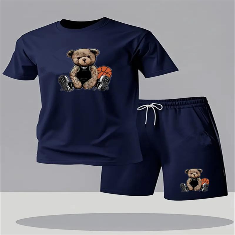 Summer Daily Casual Men's Set Outdoor Sports Men's Beach Shorts Urban Fashion Bear Print Men's Short Sleeve T-shirt Lightwe
