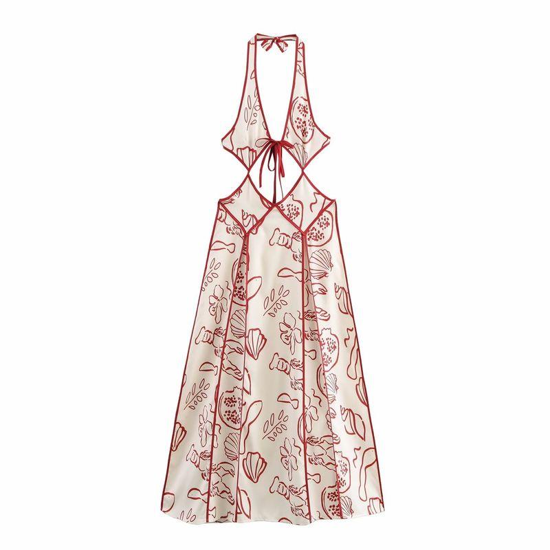 Jnleaog Autumn New Women's Clothing Fashion Style Retro Sexy Halter Floral Cut Out Long Dress