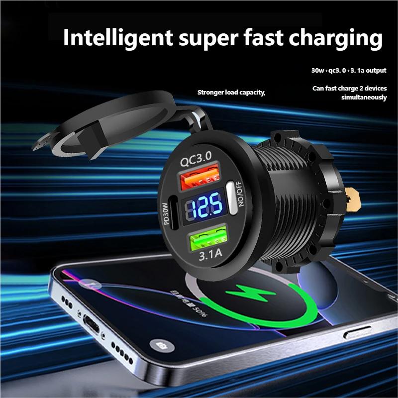 Car Charger Socket Type-C & Dual USB 3Ports Fast Charger Socket Waterproof with Voltmeter 12V/24V For Boat Motorcycle Adaptors