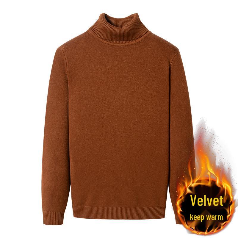 Men's Ribbed Wool High-Neck Sweater with Fleece, Warm Knitted Long Collar for Autumn and Winter