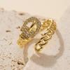 Golden Plated Cuban Link Open Adjustable Ring with Synthetic Zircon Buckle for Women Trendy Statement Jewelry Gift