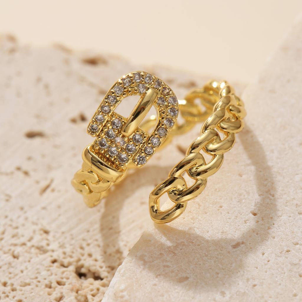 Golden Plated Cuban Link Open Adjustable Ring with Synthetic Zircon Buckle for Women Trendy Statement Jewelry Gift
