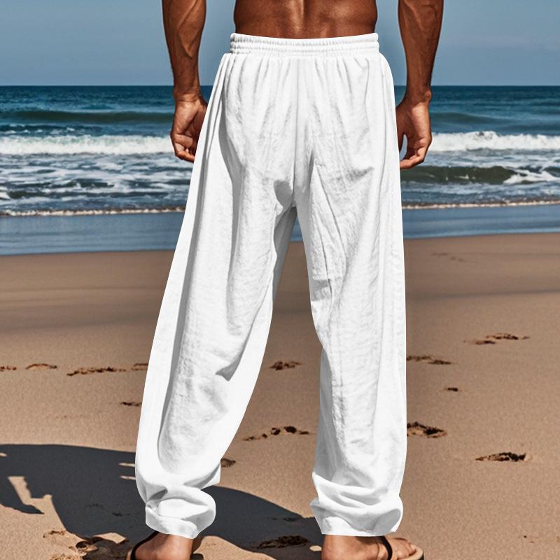 Four Seasons Thin Section Beach Casual Lace-up New Men's Cotton Linen Drawstring Straight Trousers Male