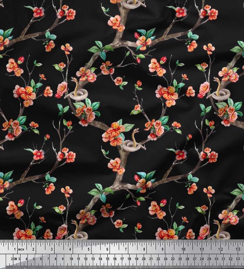 Soimoi Japonská krepová saténová látka Had, listy a květy, květinový potisk v metrech 42 palců