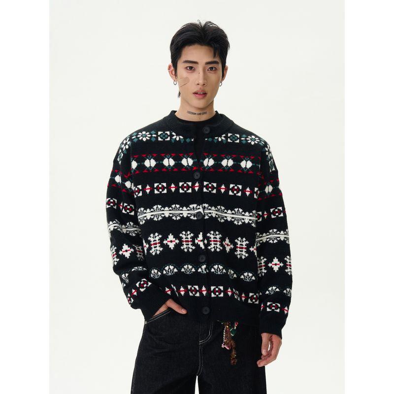 Kisko American Retro Fair Isle Jacquard Lazy Cardigan Sweater for Men and Women, Niche Relaxed Knitwear for Couples