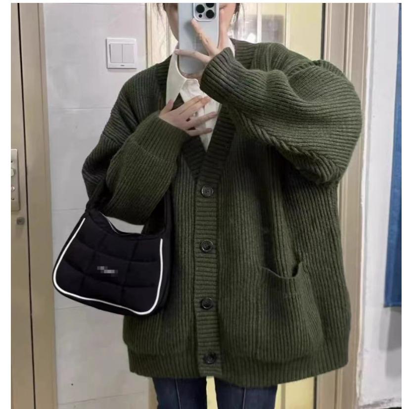 Plus Size Loose Mid-length Pocket Sweater Jacket Lazy Style Korean V-neck Knitted Cardigan Women Autumn