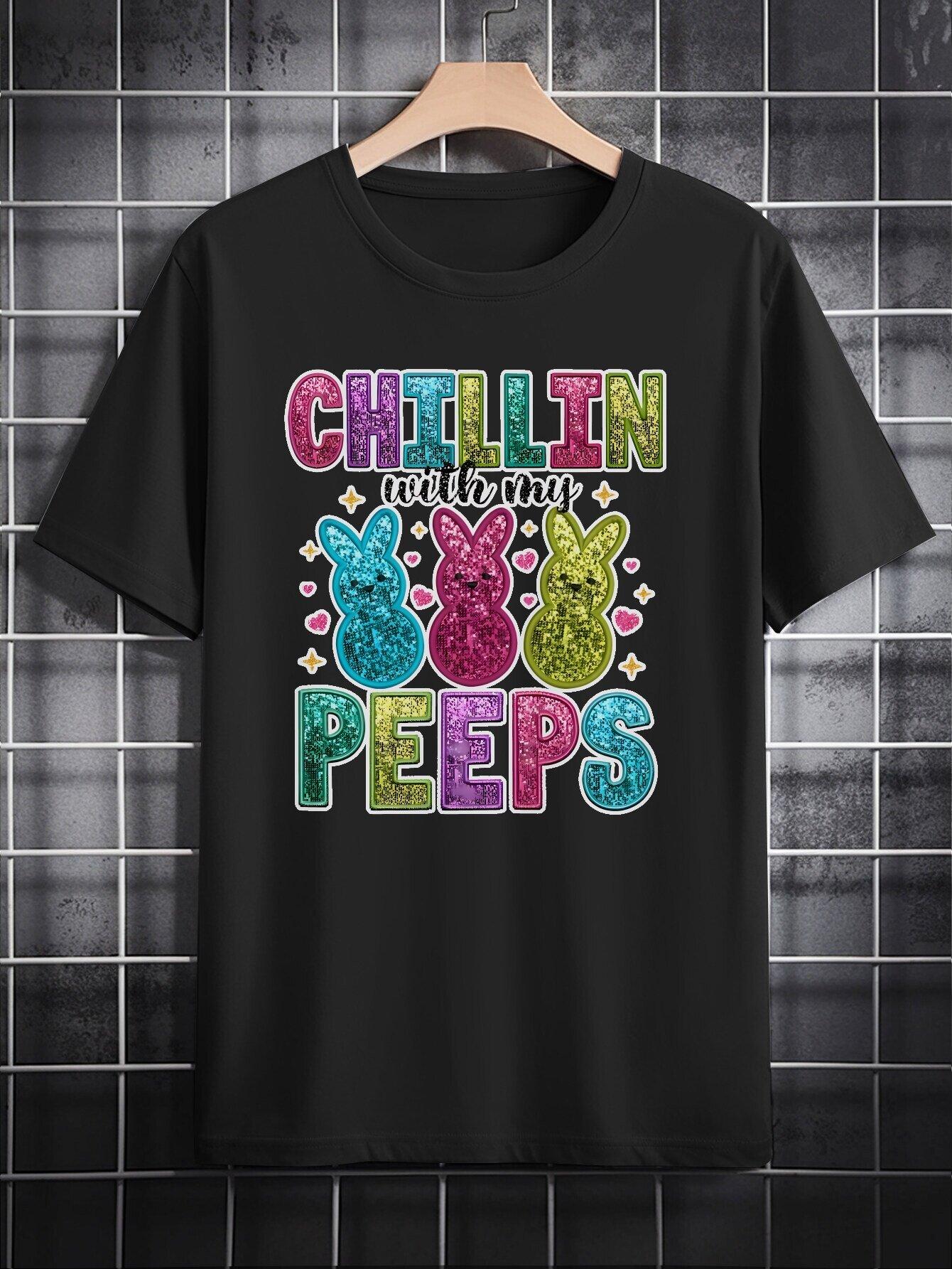 Casual Crew Neck T-shirt - Chillin with My Peeps Easter-Themed Graphic Tee XXXL