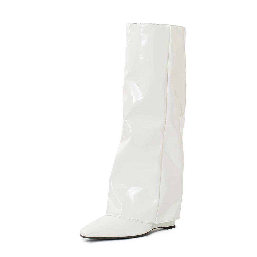 Fashion Pointed Toe High Heels Women Knee High Boots Brand Designer Soft Patent Leather Side Zip Wedges Winter Fashion 2025