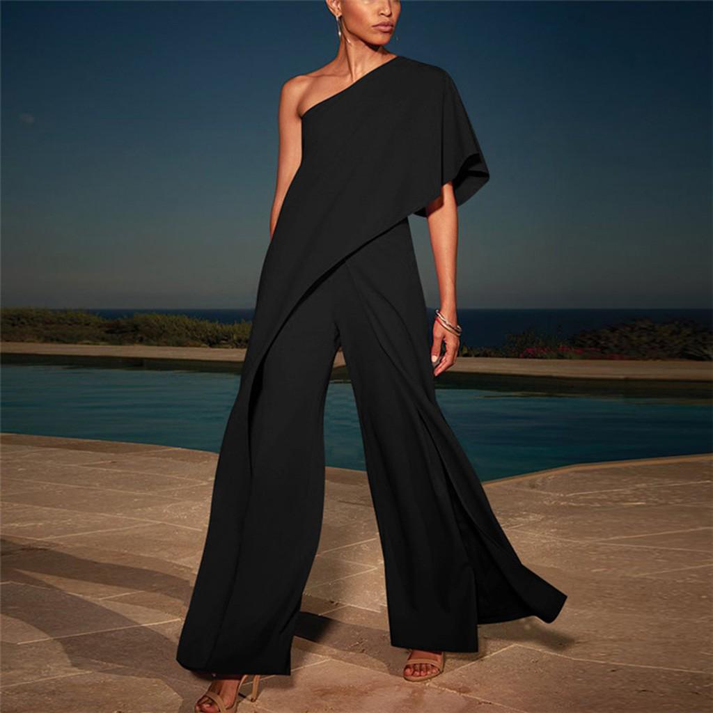 Women Ladies Solid Cold Shoulder Loose Playsuit Party Jumpsuit Long Trouser