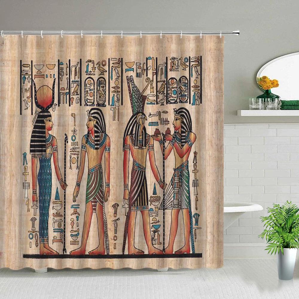 Retro Egypt Pyramid Pharaoh Painting Printed Shower Curtains Waterproof Bathroom Decor Cloth Curtain Set With Hook Bath Screens