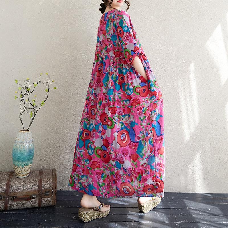Echte Aufnahme Sommer dünne Baumwolle und Leinen Rundhals Kurzarm schlichtes Saflor böhmisch mittel und lang Außenhandel Kleid Frauen