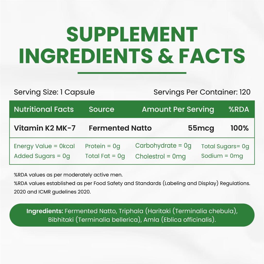 Vlado's Himalayan Organics Vitamina K2 MK-7 55Mcg Integratore a Base Vegetale per Ossa e Cuore Forti, 120 Capsule Vegetali