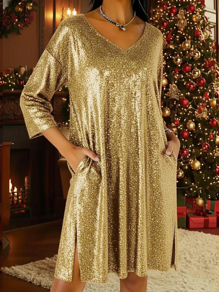 2026 Island V-Neck Slit Dress: European & American Style, Three-Quarter Sleeve, Hot Stamping