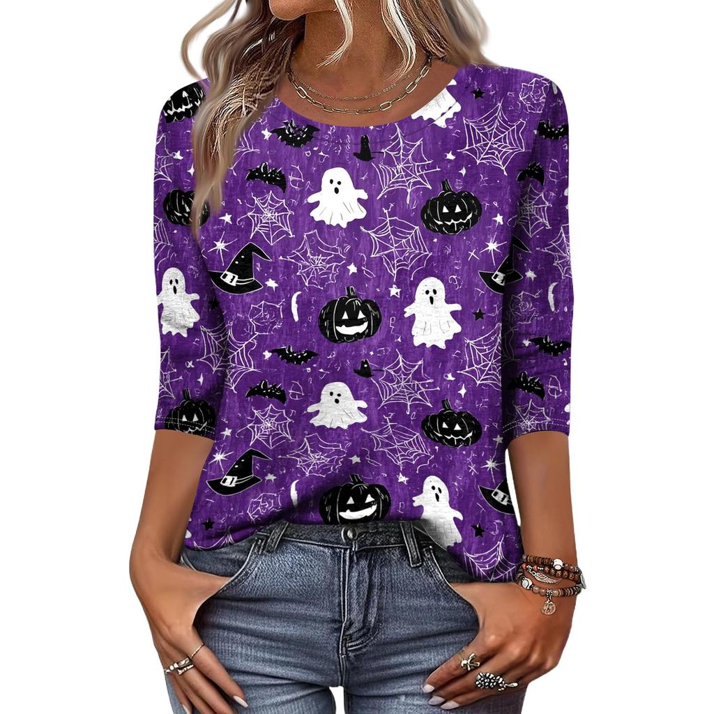 Women's Casual Halloween Print Top Three Quarter Sleeve Round Neck Pullover Shirt Lightweight Comfortable Fit for Everyday Wear