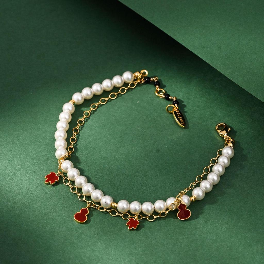 Exquisite Red Maple Leaf Enamel Gourd Multi-Pendant Pearl Double-Layer Chinese Bracelet Gift