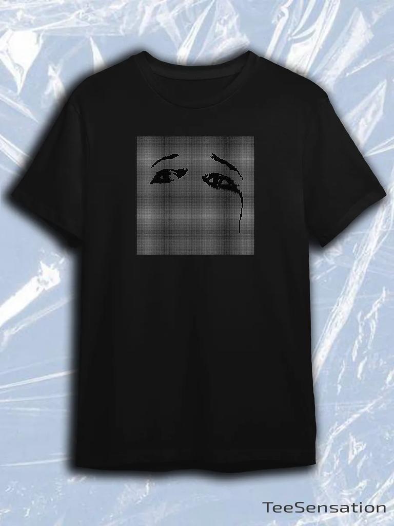TeeSensation Black Crew Neck Short Sleeve T-Shirt with Close Up Crying Eyes Halftone Dot Print