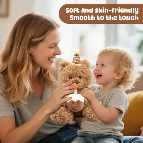Happy Birthday Teddy Bear Plush Toy 30cm with Cake & Hat, Cuddly Stuffed Animal for Kids Adults Christmas Birthday Party Gift
