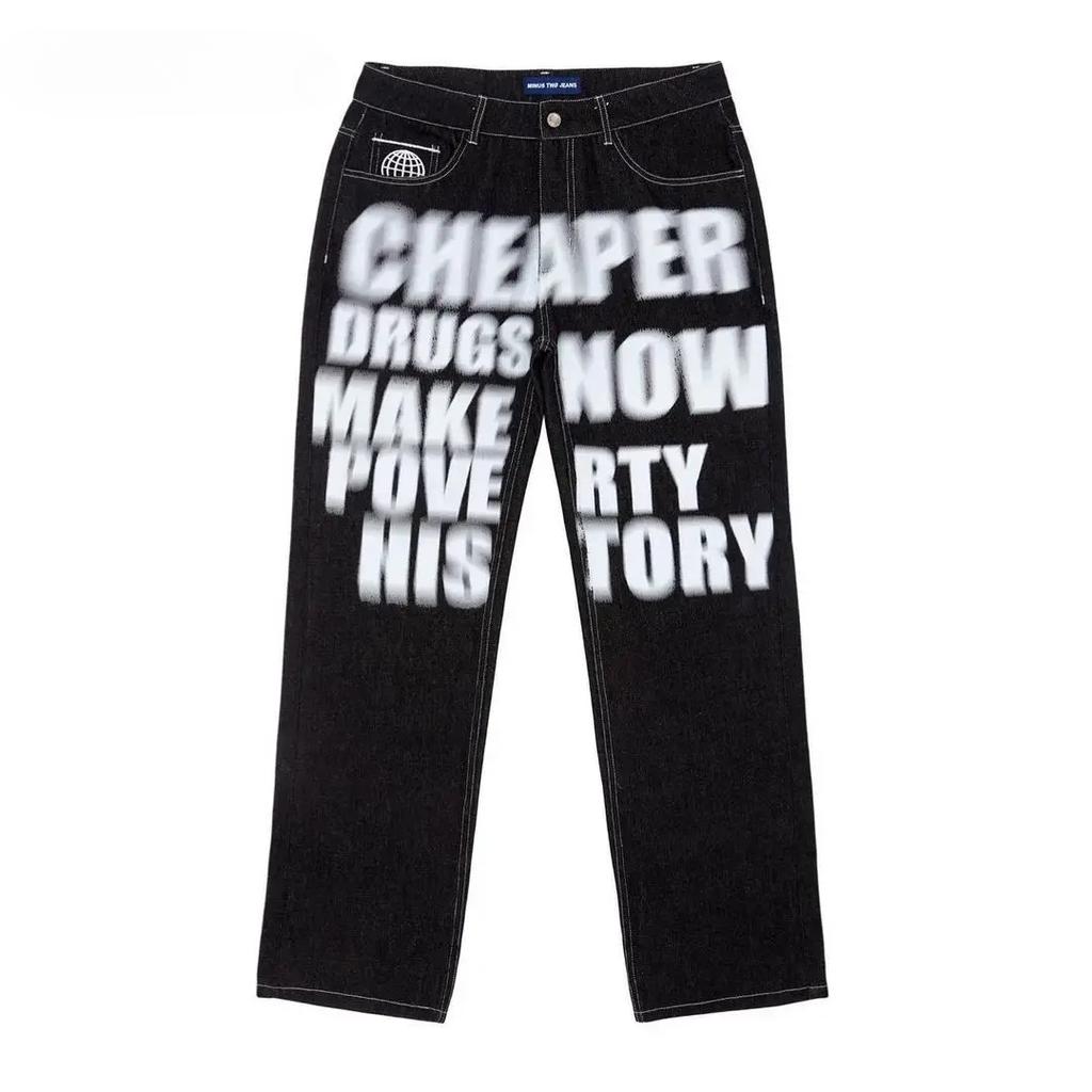 GLYDE Y2k Jeans Hip Hop Letter Printed Black Pants Men Women New Trend Fashion Punk Loose Straight Wide Leg Trousers Streetwear