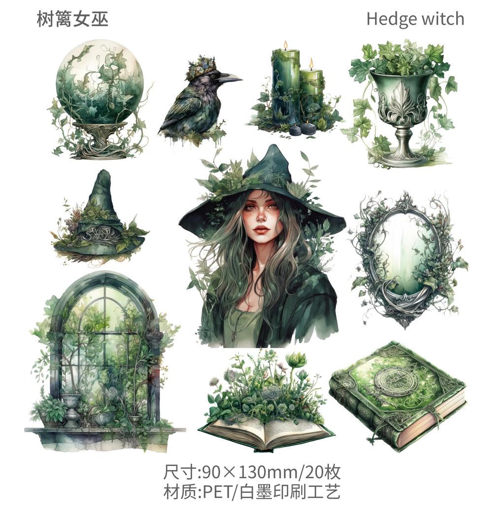 20 Pcs Vintage Gothic Witch Themed PET Stickers Wrapped with Handbill Material Decorative Collage Junk Journal Supplies