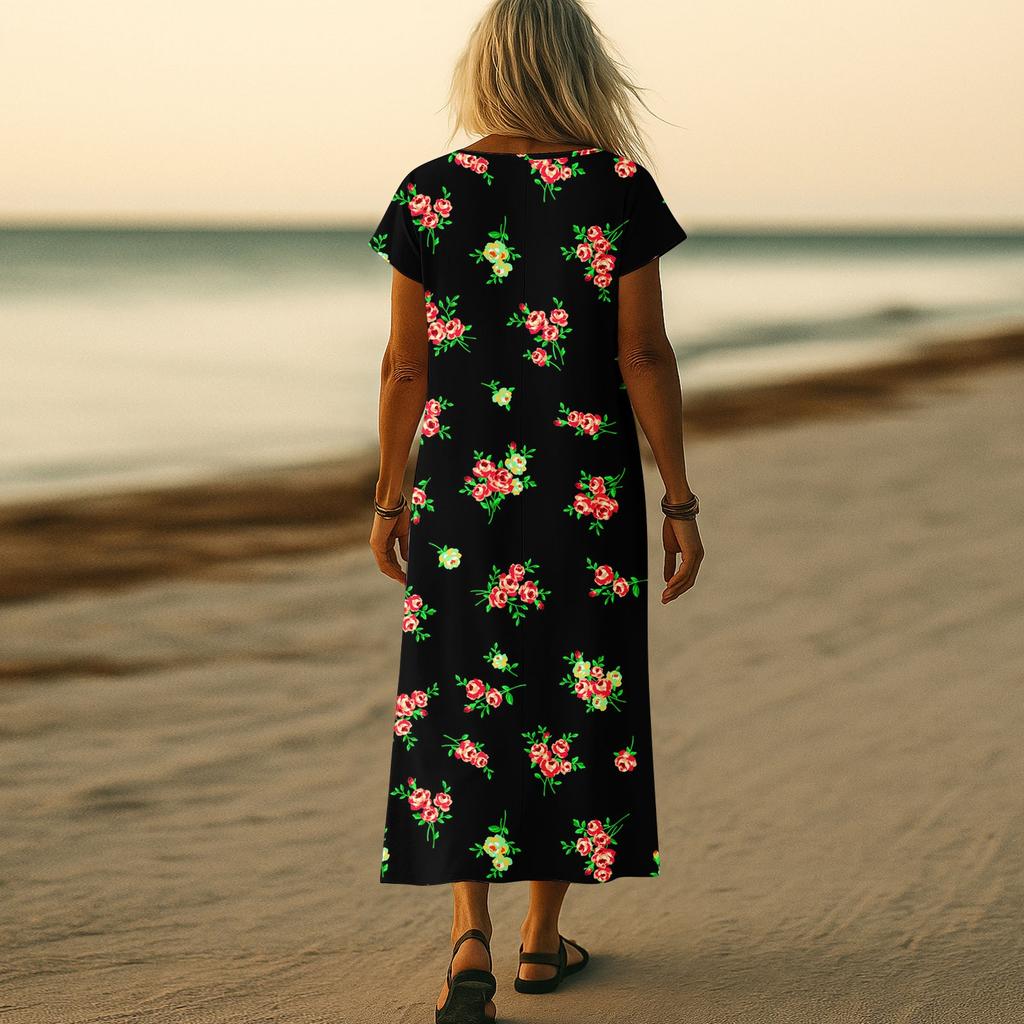 Summer Dress Women's Long Boho Beach Dress Elegant Maxi Dress V-Neck Short Sleeve Summer Tunic Dress Light Airy