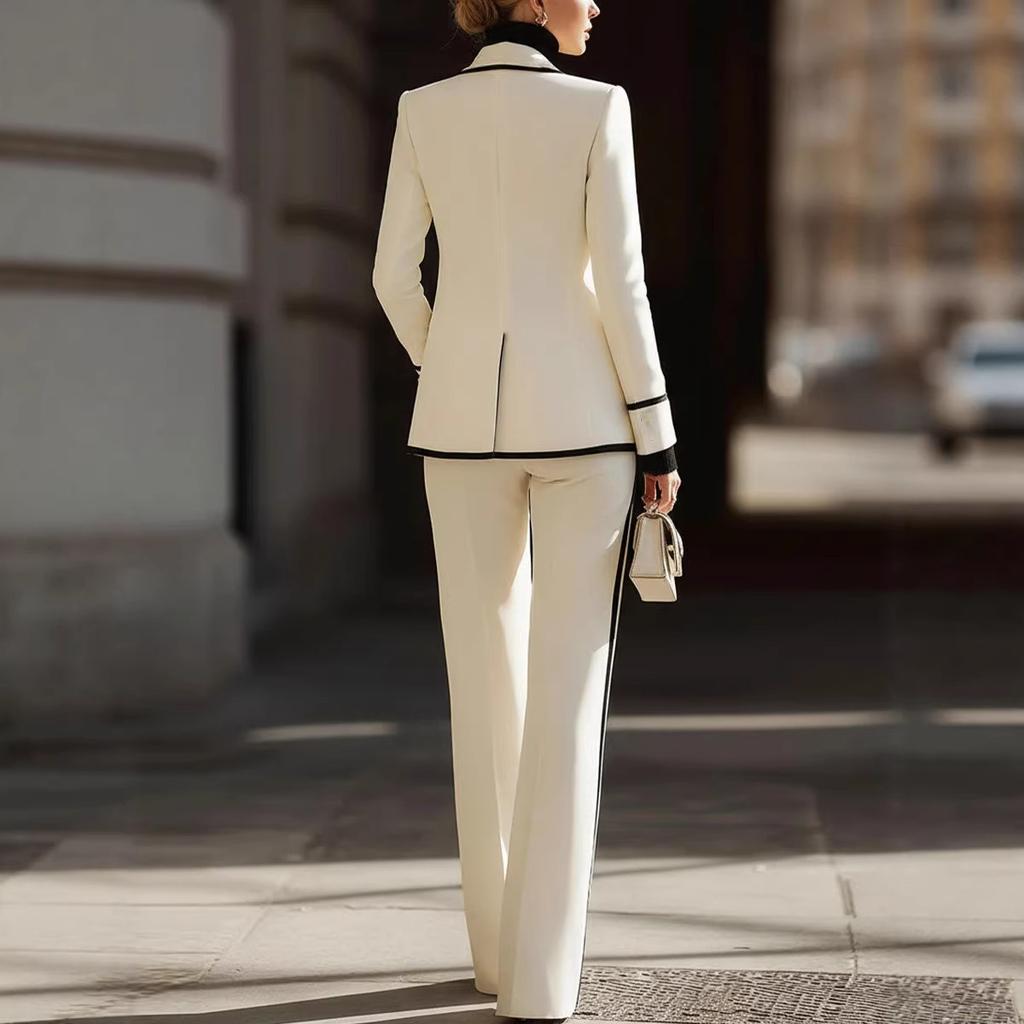 Damen Slim Fit Hosenanzug Langarm-Blazer mit Weitbein-Hose Colorblock Arbeitskleidung Set