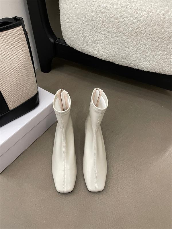 

2025 autumn and winter new square head high heel single boots French thick heel thin small ankle boots zipper thin boots 40 бежевий