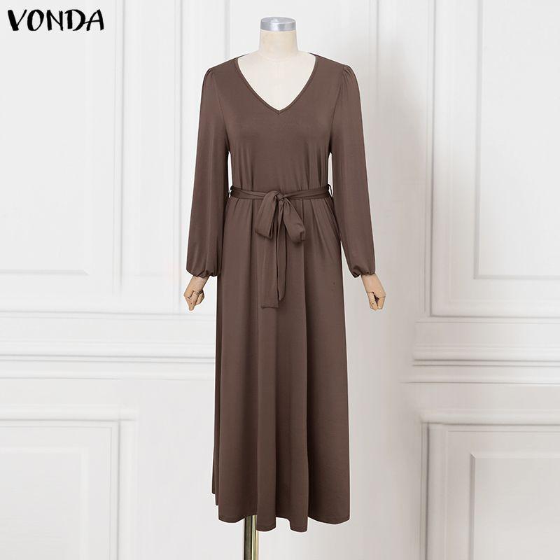 VONDA Oversized Women Puff Sleeve V Neck Lace-up Waist Long Robes Dress M светло-коричневого