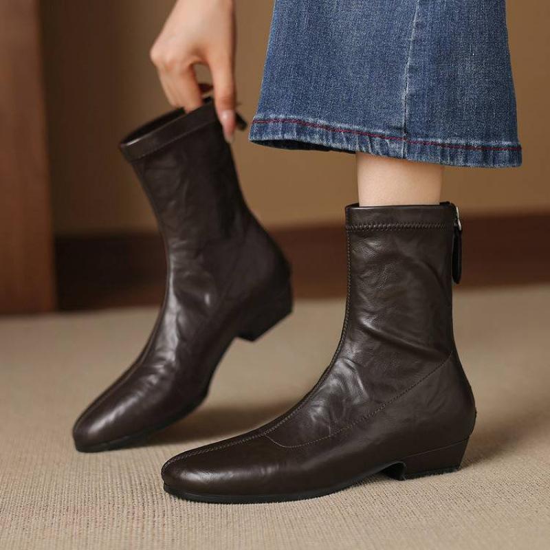 Autumn and winter solid color leather medium boots rear zipper middle heel square head beef tendon soft sole new women's large size fashion boots