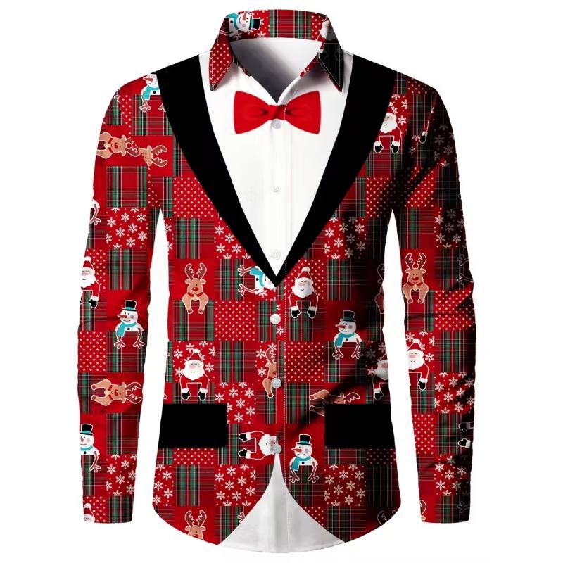 Pánské Vánoční košile s dlouhým rukávem a 3D digitálním potiskem, ležérní topy na podzim a zimu