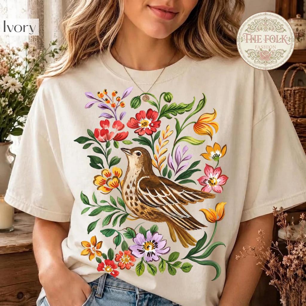 Folk Art Bird Shirt, Cottagecore Floral TShirt, Botanical Songbird Tee, Aesthetic Nature Lover Clothing, Wildflower Graphic Tee, Boho Shirt