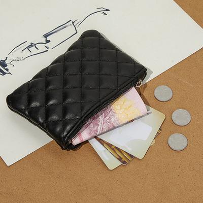 Porta-moedas Feminino Cor Sólida Couro Sintético Textura Losango Fecho de Zíper Formato Oblongo Grande Capacidade Portátil Leve Costura Firme