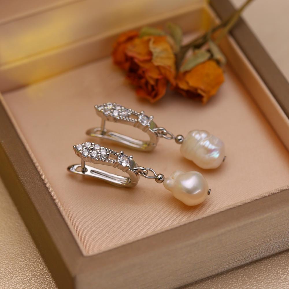 Leaf Fashion Baroque Freshwater Pearl Women's Earrings Two Wearing Methods Pearl 18K Gold Plated Zirconia Earrings Valentine's Day Mother's Day Gifts