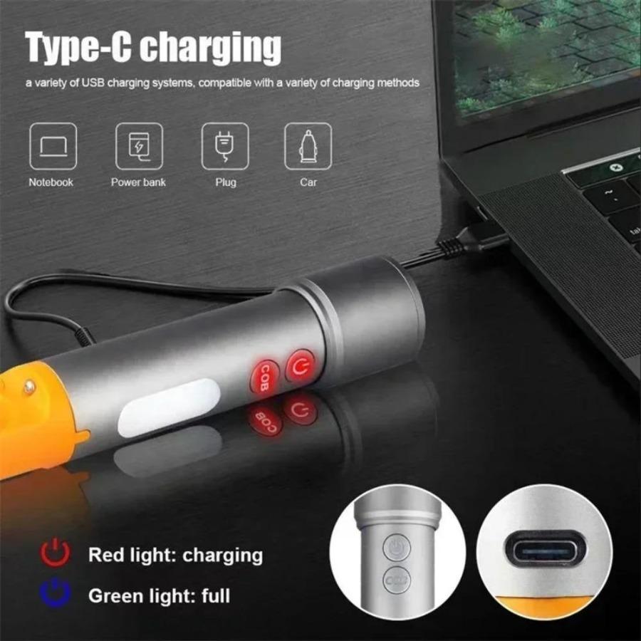 New Multifunctional Flashlight with Side Floodlights Telescopic Zoom Outdoor Portable LED Flashlight Carrying Tail Hook