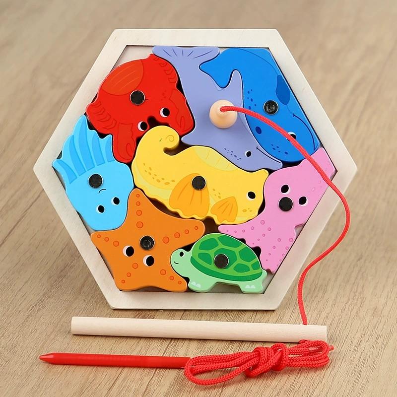 

Wooden jigsaw Puzzle 2 in 1 Fishing Game Creative 3D Puzzle Jigsaw Game Ealy Learning Educational toys for Children