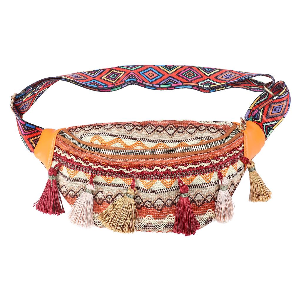 Waist Bag Polyester Folk Style Tassel Trim Large Capacity Simple Stylish Chest Bag for Travel Daily