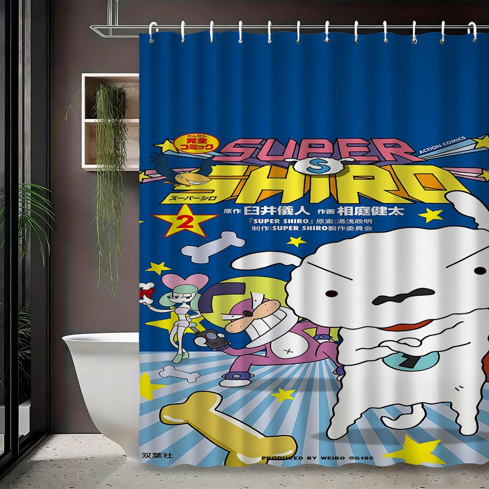 Crayon Shin-Chan Funny Character Scene 2D Print Waterproof Shower Curtain, Blue Bathroom Decor With Hooks