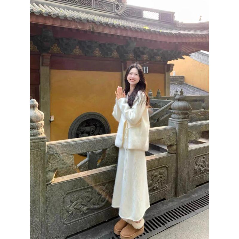 Kumikumi Gentle Suit Retro Lace-up Sweater Outwear Women's Autumn Slimming Drape Skirt Two-piece Set