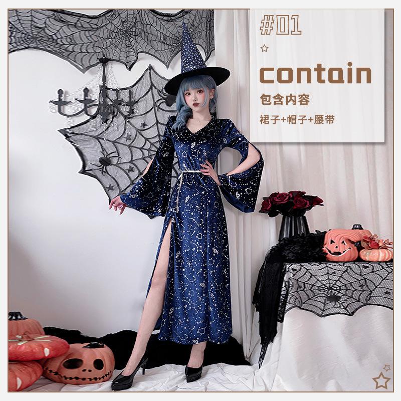 Halloween Adult Costume Wizard Witch Slits Starry Sky Vampire Witch Costume Cosplay Dress