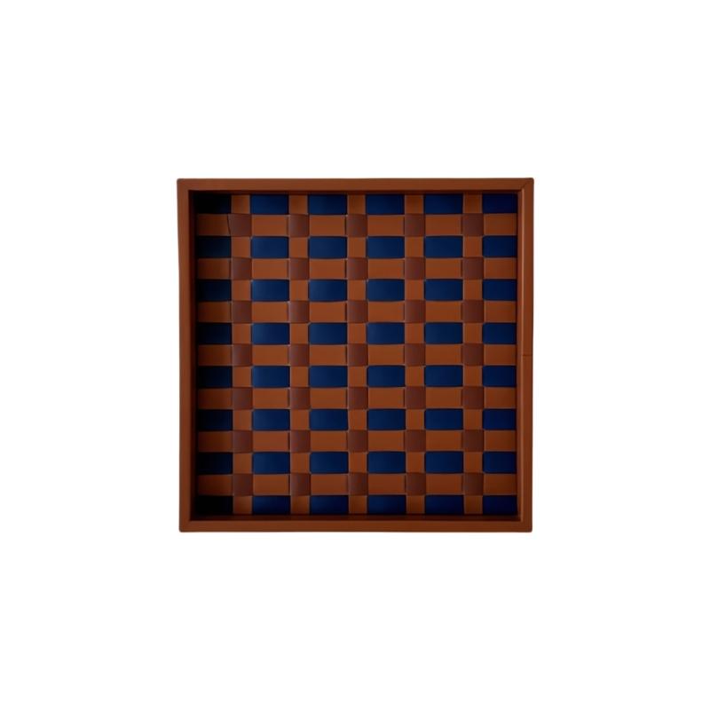 

Convenient Blue Gold Brown Checkered Handwoven Saddles Leather Serving Tray Multipurpose Decorative Holder