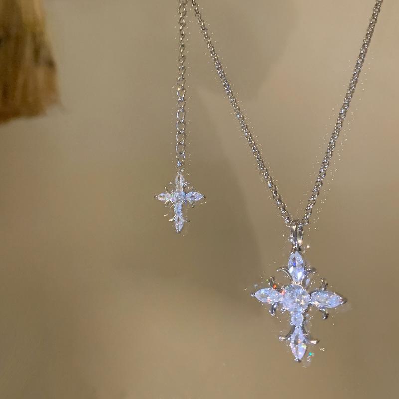 Stainless steel zircon cross iris necklace light luxury niche commuting versatile collarbone chain fashionable foreign style necklace decoration