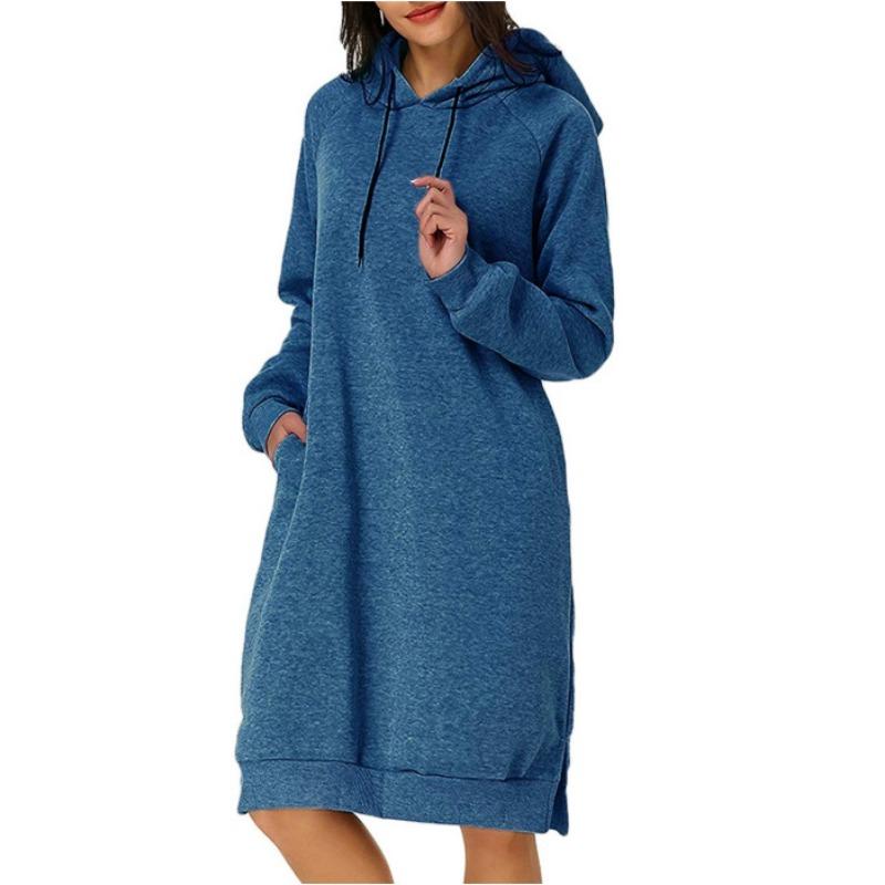 GMXIA Autumn and Winter Hooded Pocket Dress Bottom Shirt Mid-Length Sweatshirt Women's Clothing