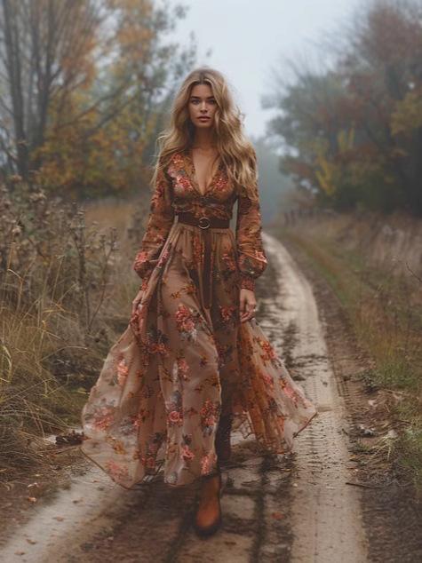 European and American women s clothing, long sleeves, digital V-neck long dress, dress vacation style S