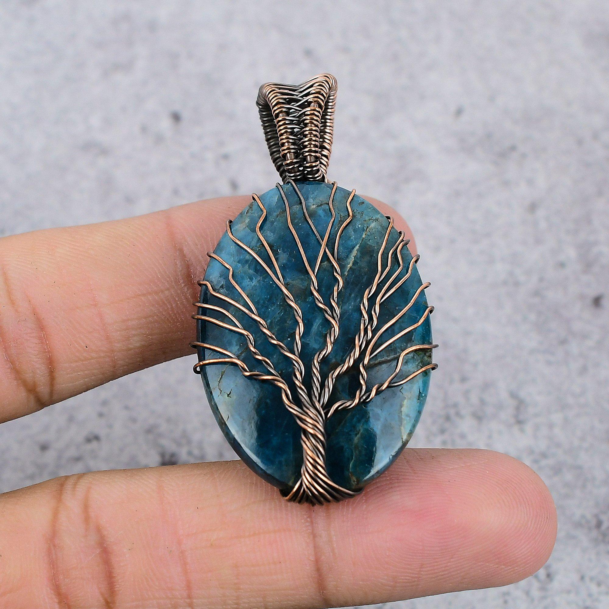 

Tree Of Life Neon Blue Apatite Gemstone Pendant 999 Copper Wire Wrapped Jewelry, Handmade Antique Pendant Jewelry, Gift For Mother 2.55 Inches