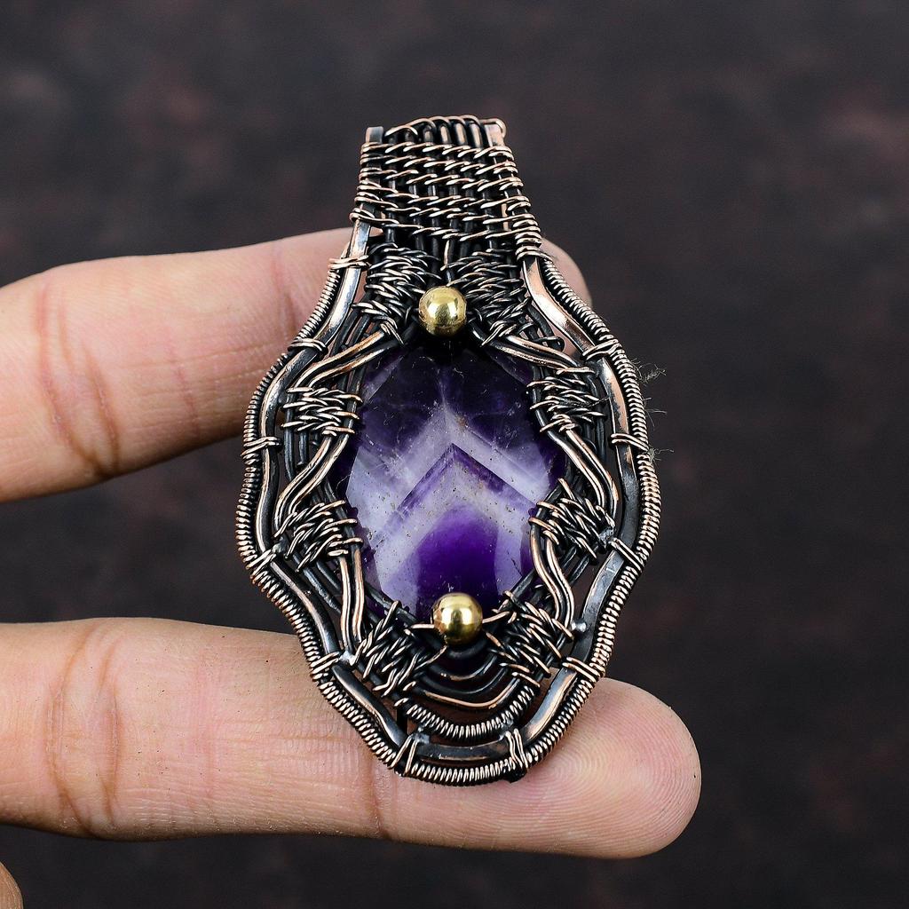 Chevron Amethyst Pendant Copper Wire Wrapped Pendant Ethnic Style Pendant Handmade Jewelry Gift For Mom Gemstone Pendant Copper Wire Jewelry