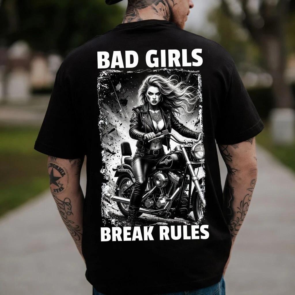 Bad Girls Break Rules Black Graphic T-Shirt Men Tattoo Edgy Biker Tee M