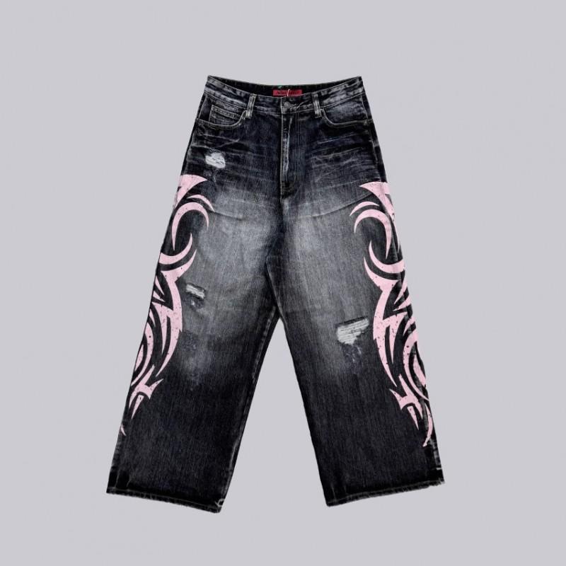 Washed Ripped Printed Jeans Women Straight