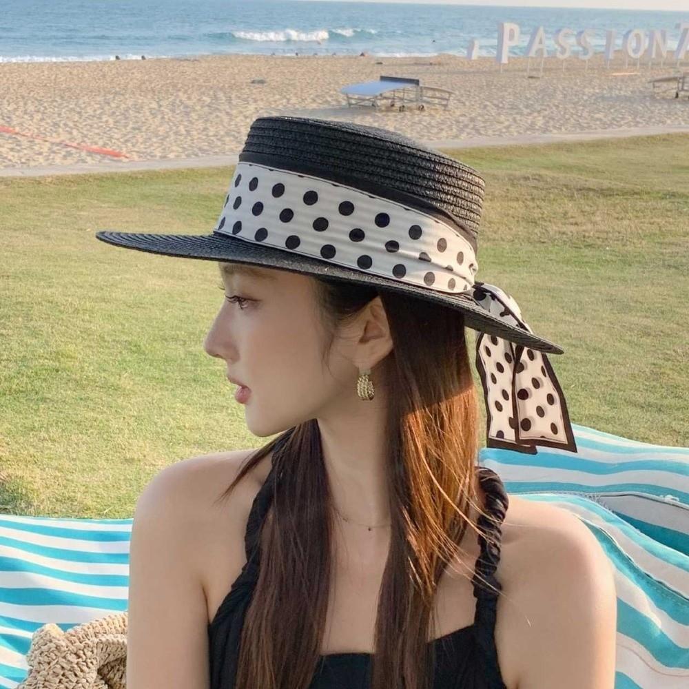Straw Weaving Sun Protection Cap Dot Ribbon Wide Brim Hat Vacation Beach Straw Cap  Sun Protection
