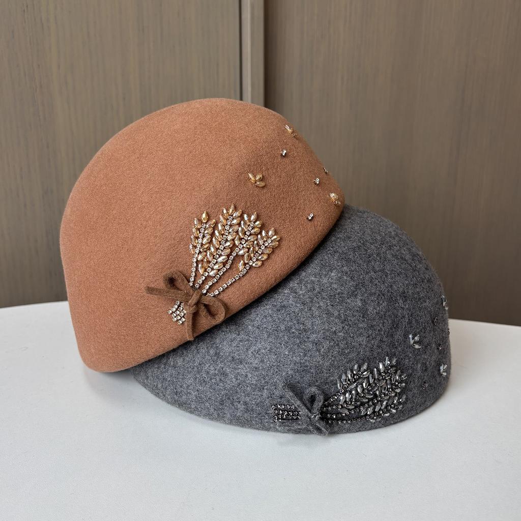 Hat Ladies Autumn and Winter Hand-sewn Diamond Wool Beret British Retro Pumpkin Hat Elegant Light Luxury Top Hat